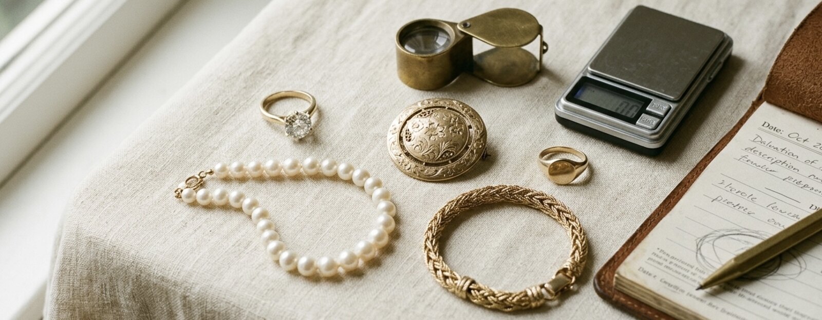 Verschiedene Schmuckst&uuml;cke &mdash; Goldring mit Brillant, Perlencollier, antike Brosche und goldene Gliederkette &mdash; neben Juwelierslupe, Pr&auml;zisionswaage und Bewertungsblock auf cremefarbenem Leinen