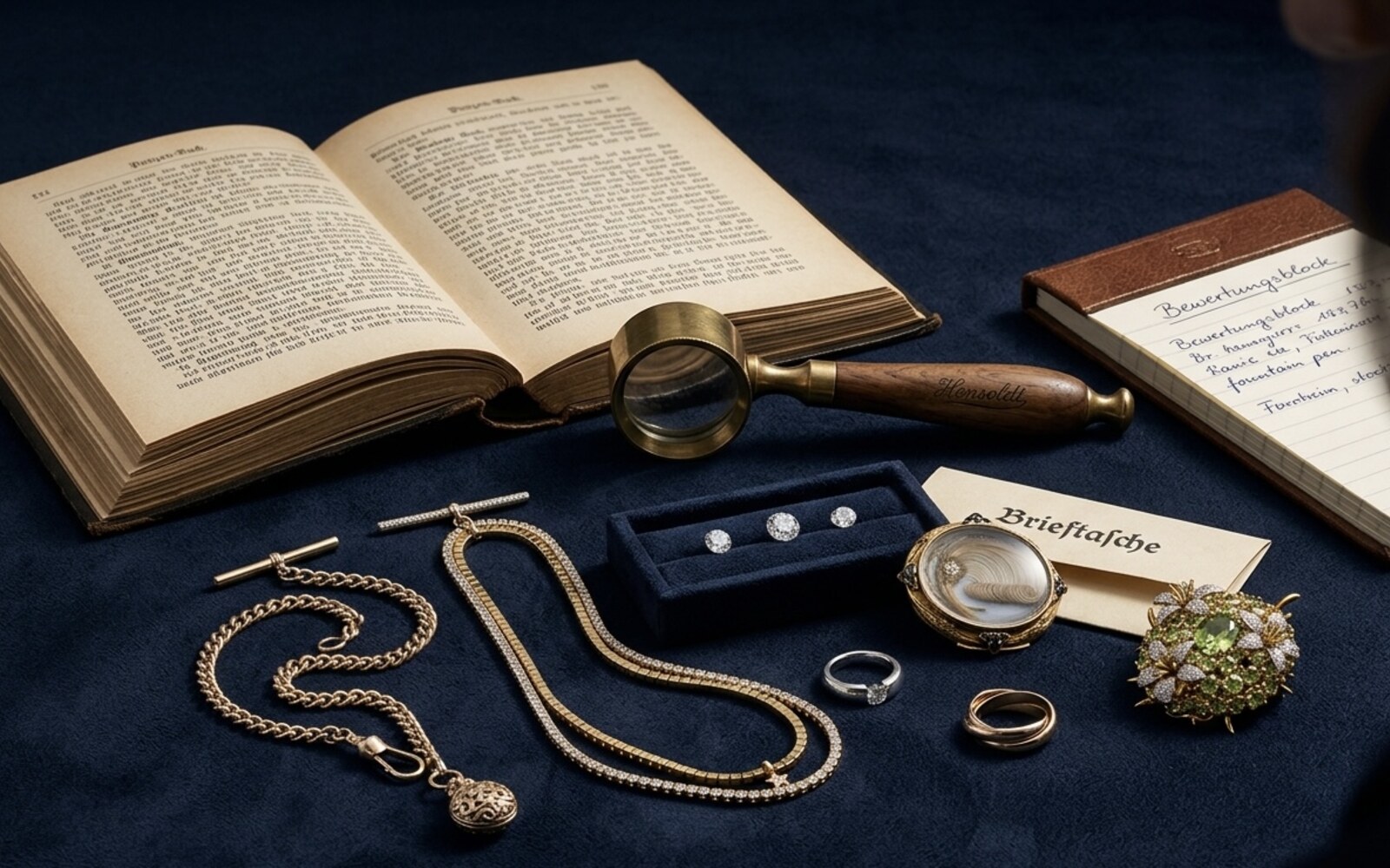 Schmuckankauf-Querschnitt — Albertkette, Brillant-Riviera, Locket, Cartier-Ring, Niessing-Solitär, Jugendstil-Brosche, lose Brillanten, Lupe und Punzen-Buch auf Samt.