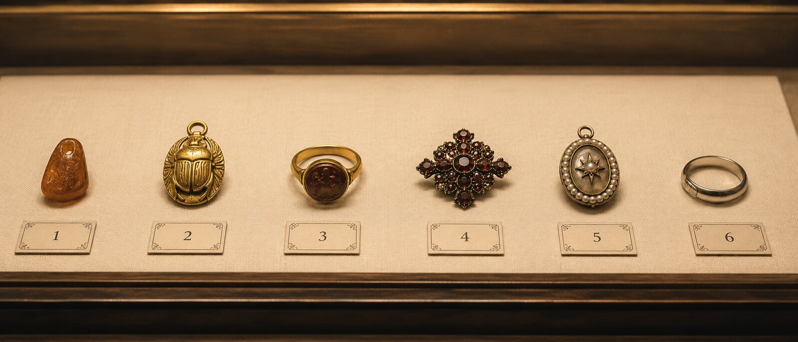 Museums-Vitrine mit Schmuck aus sechs Epochen — prähistorische Anhänger, ägyptische Pectorale, byzantinische Kreuze, Renaissance, Jugendstil bis Art déco.