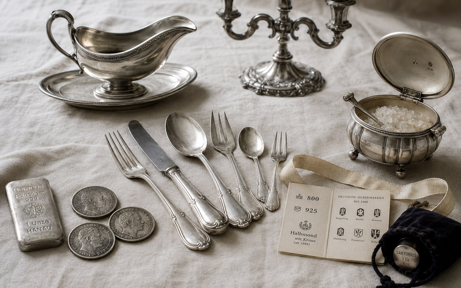 Sterling-Silber-Erbe auf Leinen — Robbe & Berking Alt-Faden Besteck, WMF Albi Zuckerschale, Bruckmann Leuchter, Heraeus Silberbarren mit Punzen-Referenzkarte.