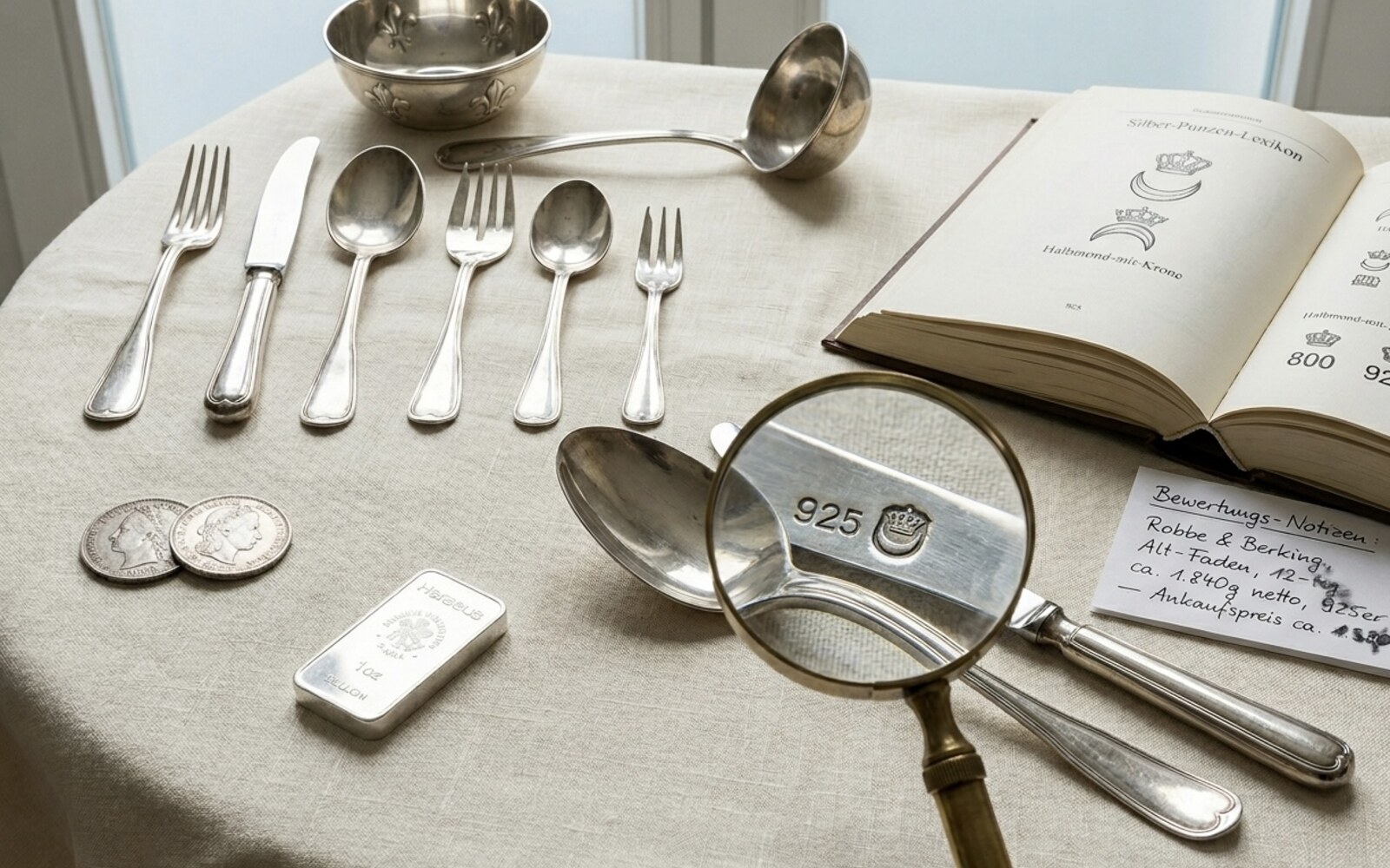 Silberankauf-Bewertung — Robbe & Berking Alt-Faden 12-teilig, Wilkens Bremer Lilie, Christofle Marly, Heraeus-Silberbarren, Drei-Mark-Münzen und Punzen-Lexikon mit Halbmond+Krone.