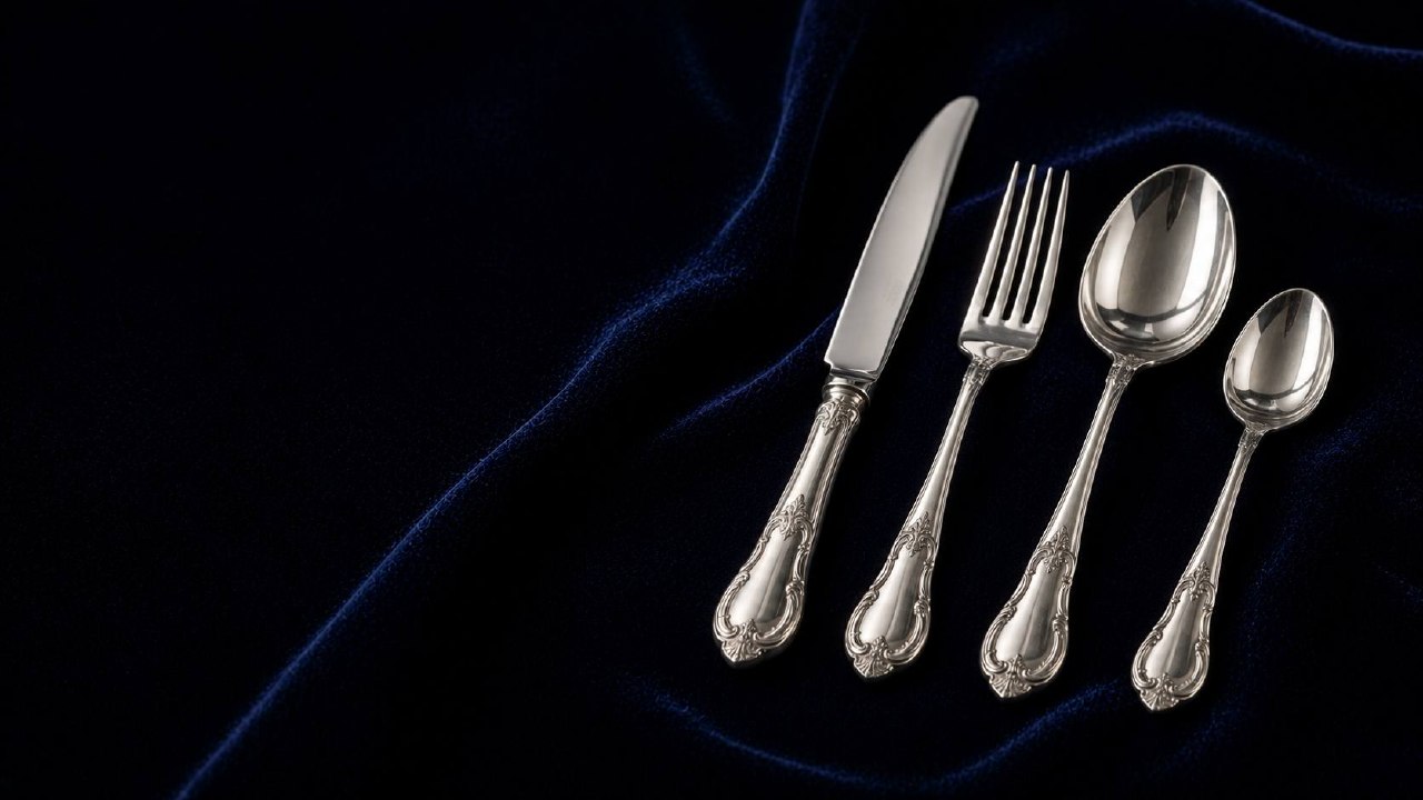 12er-Satz Sterling-Tafelbesteck mit Manufaktur-Punze auf Bewertungstisch bei Kronjuwelier.