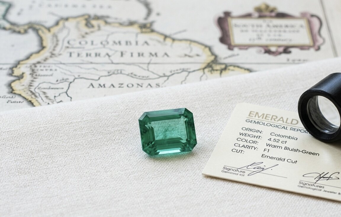 Kolumbianischer Smaragd im Smaragdschliff neben einem gemmologischen Zertifikat (Origin: Colombia) und einer historischen Landkarte Kolumbiens