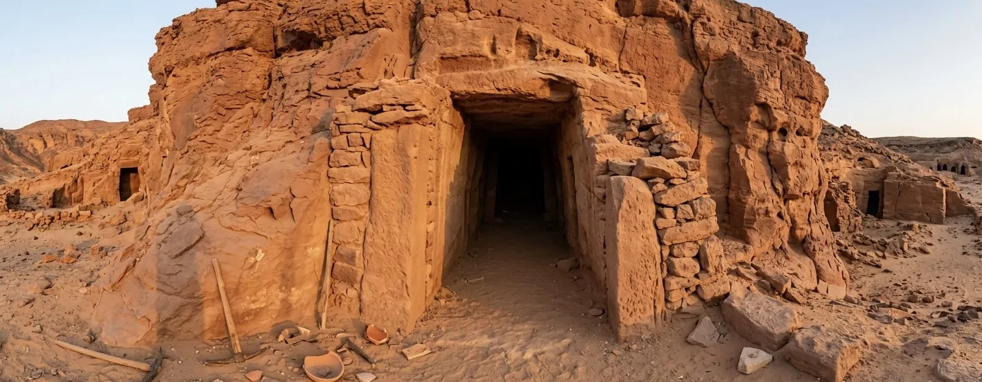 Vorrömische Smaragdminen-Ruinen am Wadi Sikait in Ägyptens Östlicher Wüste — handgehauener Galerieeingang im ockerfarbenen Sandstein, Werkzeug-Fragmente im Sand, archäologische Großformat-Ästhetik.