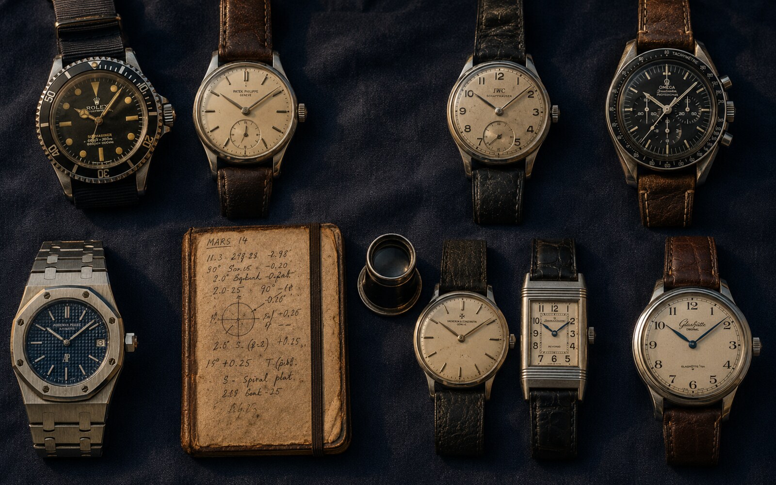 Acht Luxusuhren im 4×2-Raster auf dunkelblauem Leinen — Rolex, Patek, IWC, Omega, AP, Vacheron, Jaeger-LeCoultre und Glashütte Original im Auktionskatalog-Stil.