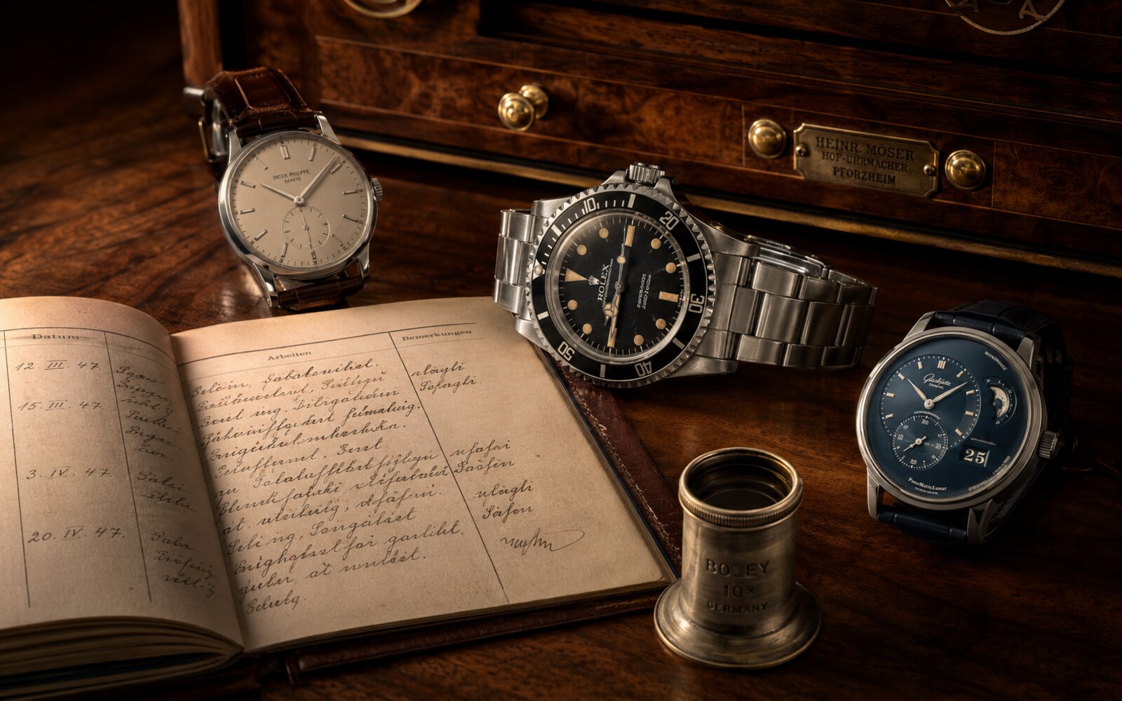 Uhren-Sammlung auf Walnuss-Schreibtisch — Patek Philippe Calatrava, Vintage Rolex Submariner und Glashütte PanoMaticLunar mit Service-Ledger und Lupe.