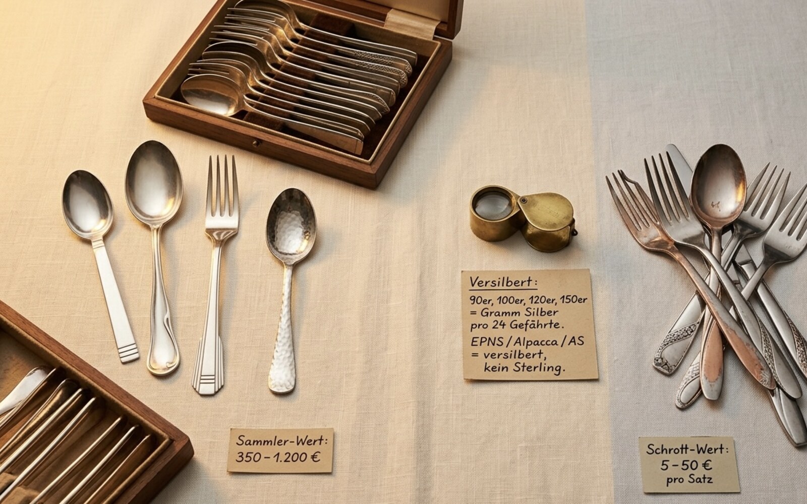 Versilbert ≠ Sterling — Designer-Stücke mit Sammler-Wert (Bauhaus, van de Velde, WMF Mayfair, Bruno Paul) gegenüber 90er WMF-Standardware, mit Versilbert-Info-Card.