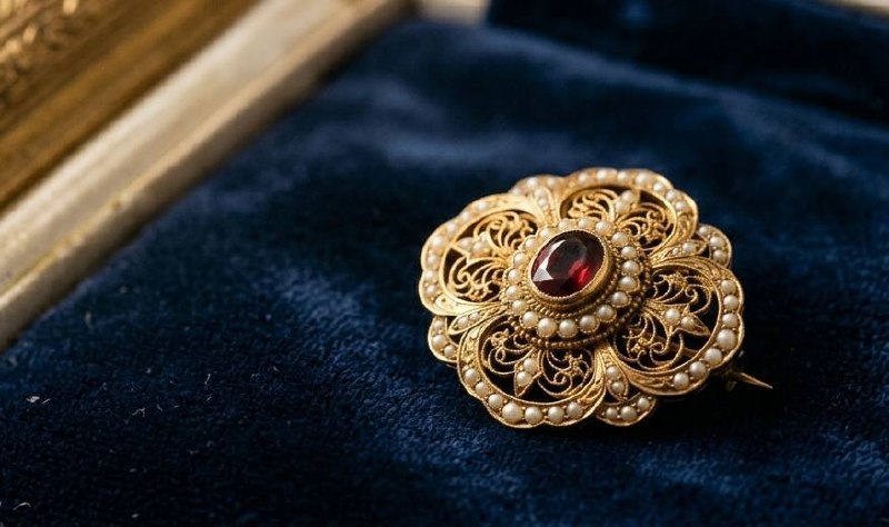 Antike Goldbrosche mit Granat und Perlen, Victorian-Stil