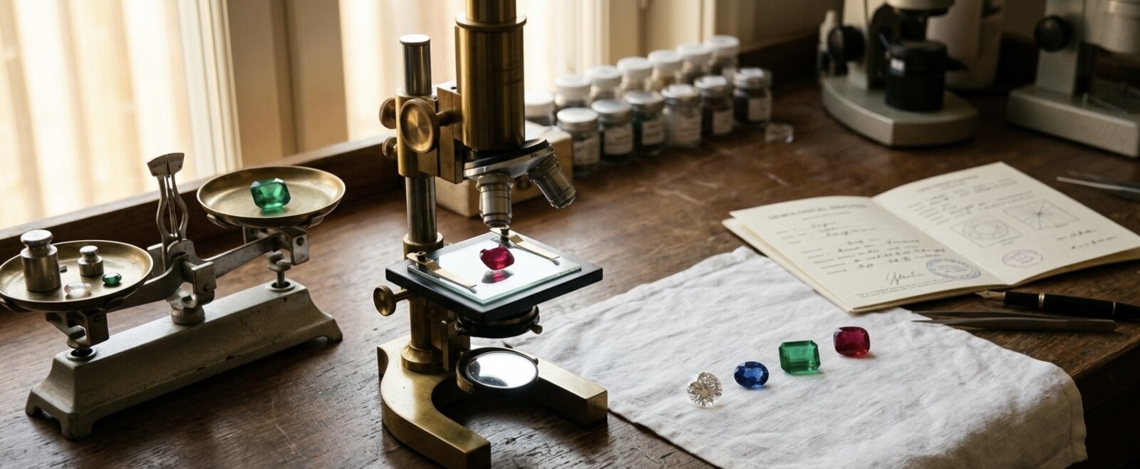 Gemmologen-Werkstatt mit Präzisionswaage, Mikroskop und Edelsteinen auf Leinen.