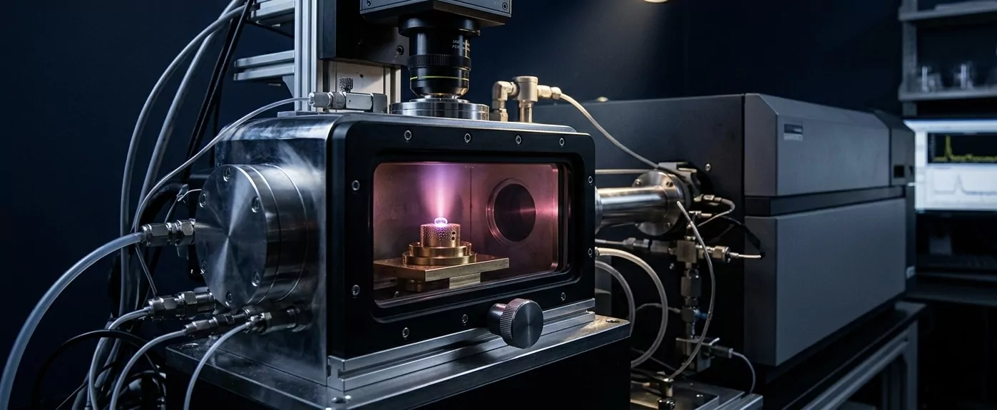 LA-ICP-MS (Laser-Ablation Inductively-Coupled-Plasma Mass-Spectrometry) bei der Origin-Analyse — kleiner Brilliant-Saphir in Probenkammer unter Präzisionslaser, sichtbare rotviolette Plasma-Säule durch Quarz-Beobachtungsfenster, hyper-präzise Analytik-Chemie.