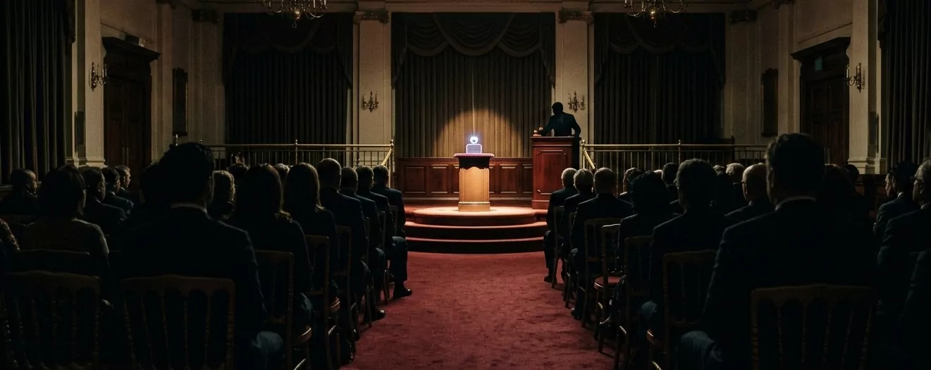 Internationaler Auktionssaal aus Hinter-Hall-Perspektive — Mahagoni-Rostrum mit einzelnem illuminierten Dais zeigt einen wichtigen Stein unter Spotlights, Bieter-Silhouetten in dunklen Reihen, crimson-roter Teppich, gedämpfte internationale Auktionshaus-Ästhetik.