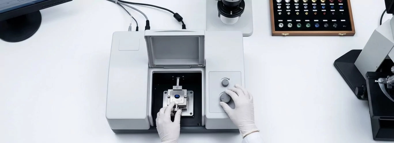 Gemmologisches Labor von oben — weiß-behandschuhte Wissenschaftler-Hände an präzisem FTIR-Spektrometer mit gefasstem Saphir, Mikroskop-Binokular und Master-Color-Grading-Set am Rand sichtbar, kalibriertes 5500K Tageslicht, wissenschaftliche Publikations-Ästhetik.