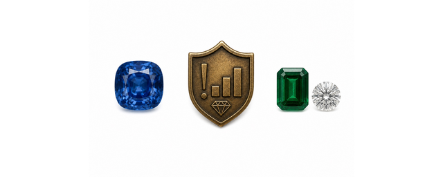 Kashmir-Saphir Cushion-Cut, Schild mit Edelstein-Wertkurve, Smaragd Emerald-Cut und runder Brillant