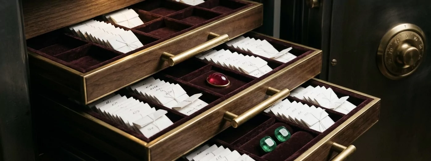 Hochsicherheits-Privattresor mit drei velvet-ausgekleideten Schubladen-Trays — gefaltete weiße Parcel-Papers in geordneten Fächern, ein Ruby-Cabochon und ein Smaragd-Paar prominent platziert, brass Tray-Griffe, Messing-Combination-Dial am Tresor-Rand, Knight-Frank-Wealth-Report-Ästhetik.