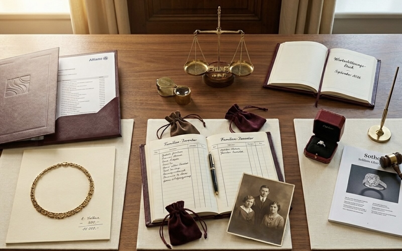 Drei Zwecke der Wertschätzung — Versicherungspolice mit Collier, Familien-Inventar mit Samt-Säckchen (Erbteilung), Cartier-Ring mit Sothebys-Katalog (Verkauf), Lupe und Präzisionswaage.