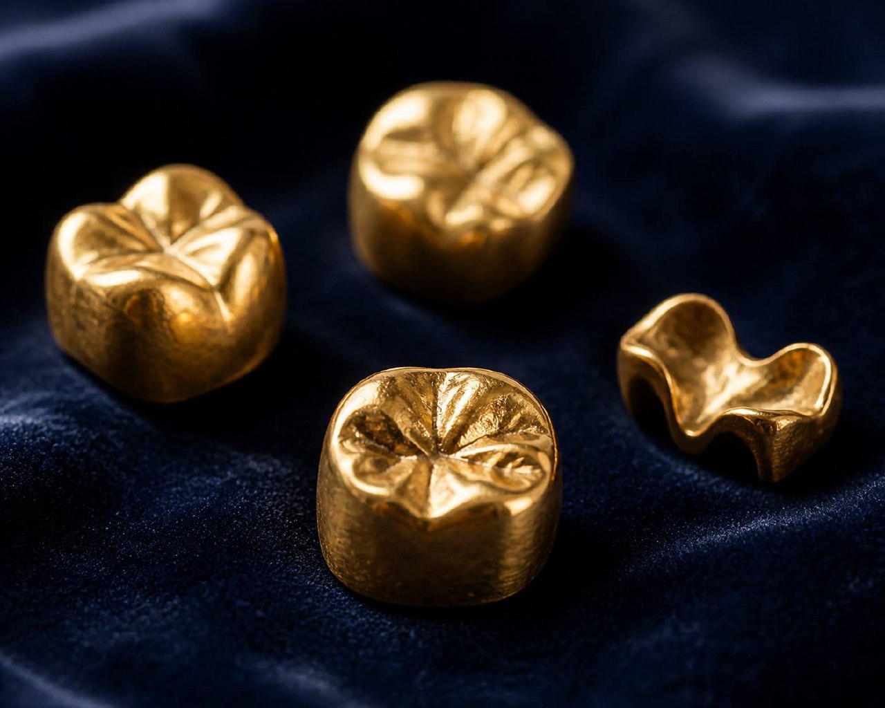 Zahngold — Goldkronen, Brücken und Inlays aus Edelmetall-Legierung auf Bewertungstisch