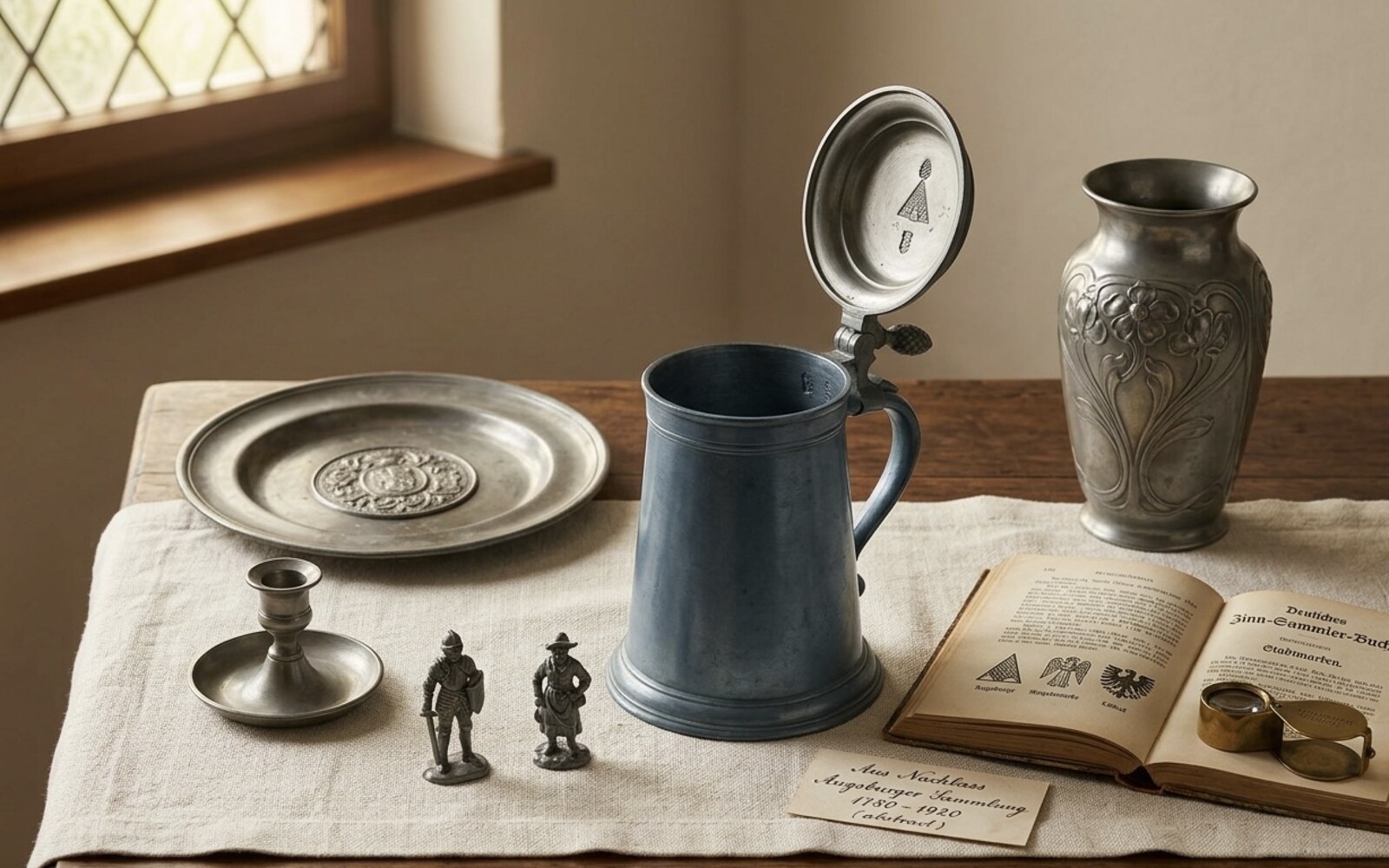 Antik-Zinn-Sammlung — Augsburger Krug mit Engelsmarke, Nürnberger Wandteller, Kayser-Zinn-Jugendstil-Vase, Sammler-Figuren und Zinn-Sammler-Buch.