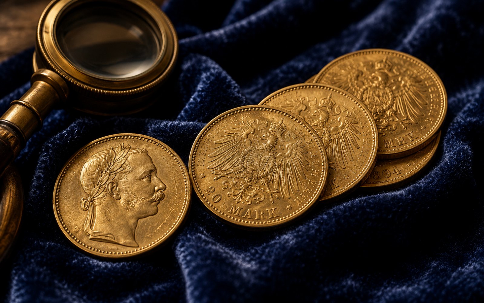 20-Mark-Goldm&uuml;nzen des Kaiserreichs mit Kaiserportr&auml;t und Reichsadler auf Samt mit Lupe