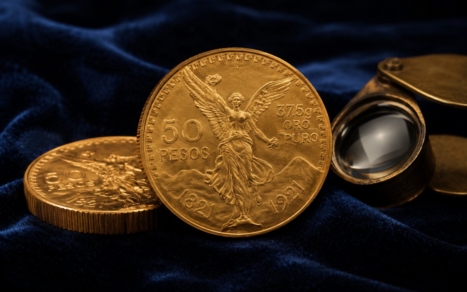 Mexikanische 50-Pesos-Goldmünze Centenario auf blauem Samt mit Lupe