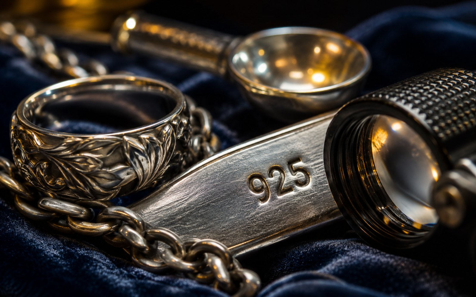 925er Sterlingsilber, Schmuck und Besteck mit sichtbarer 925-Punze auf einem Bewertungstableau