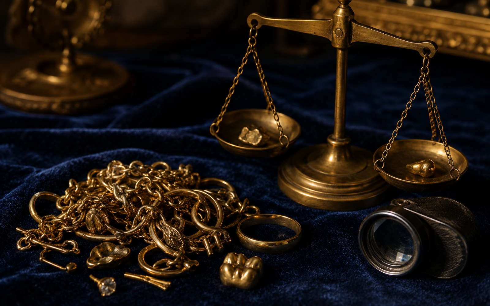 Bruchgold, alte Ketten und Ringe neben einer Goldwaage auf blauem Samt