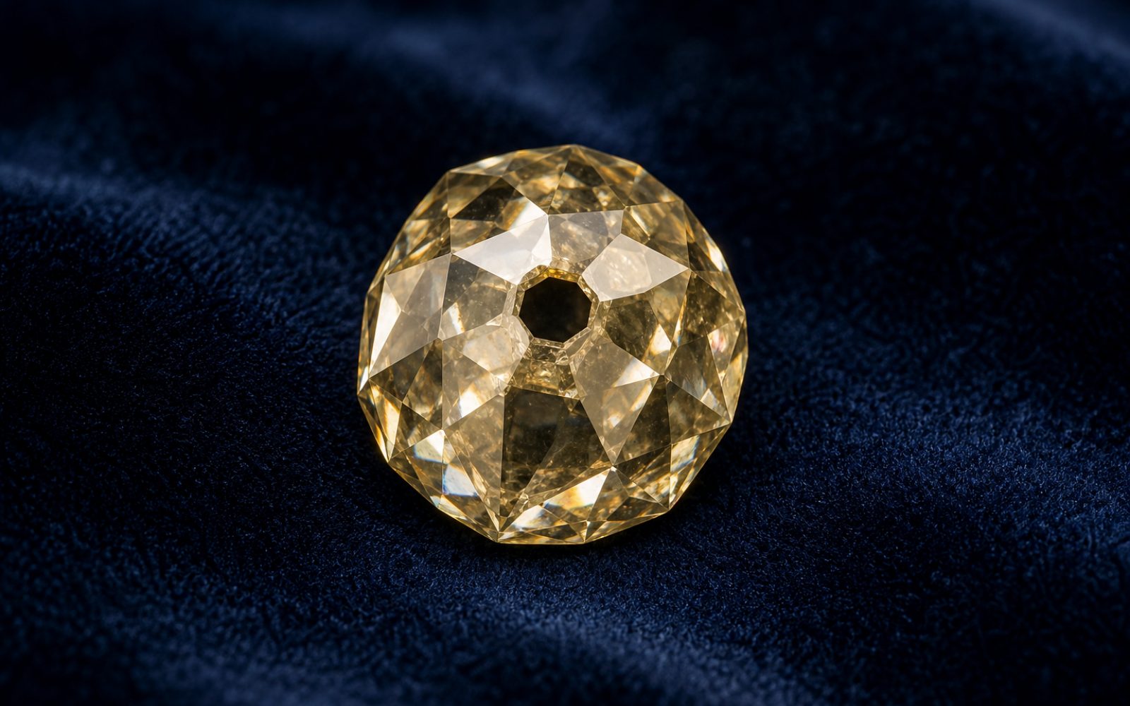 Antiker Diamant im Altschliff mit kleiner Tafel und offener Kalette auf dunklem Samt