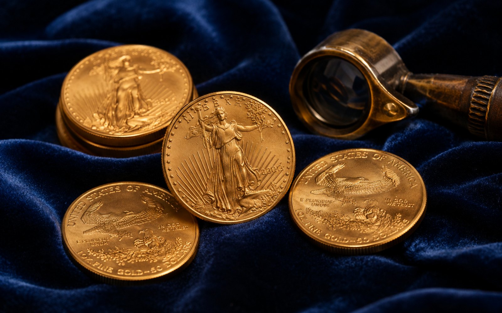 American Gold Eagle M&uuml;nzen mit Walking Liberty auf blauem Samt mit Lupe
