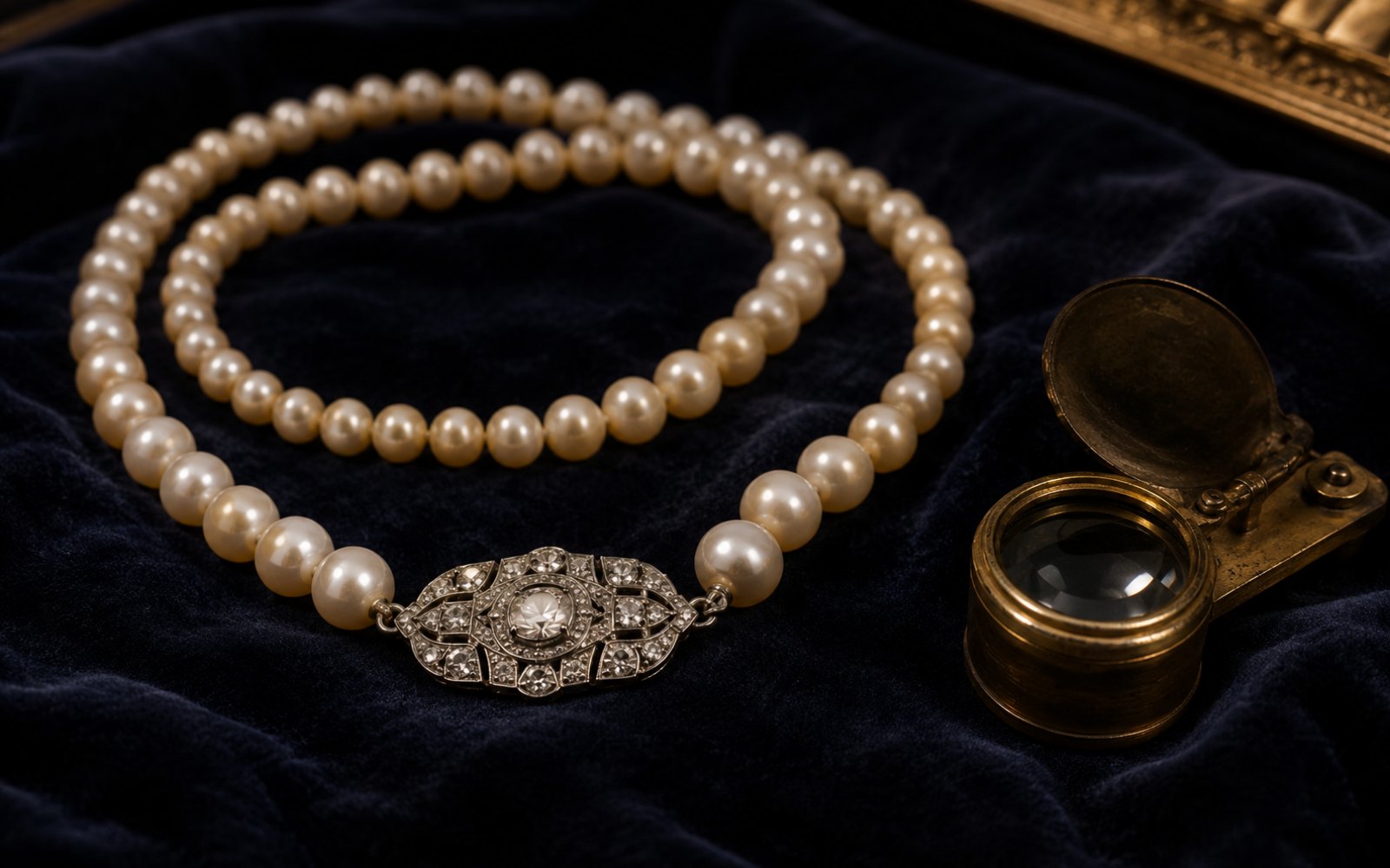 Antike Naturperlenkette mit Diamant-Platin-Schließe auf blauem Samt