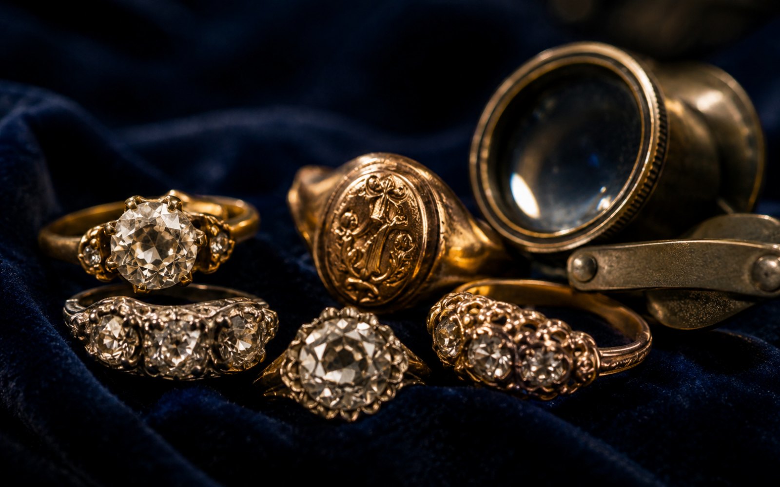 Antike Ringe mit Altschliff-Diamanten und Siegelring auf blauem Samt
