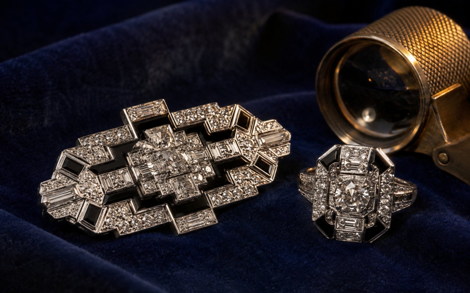 Art-d&eacute;co-Brosche und Ring in Platin mit Baguette-Diamanten und Onyx auf Samt