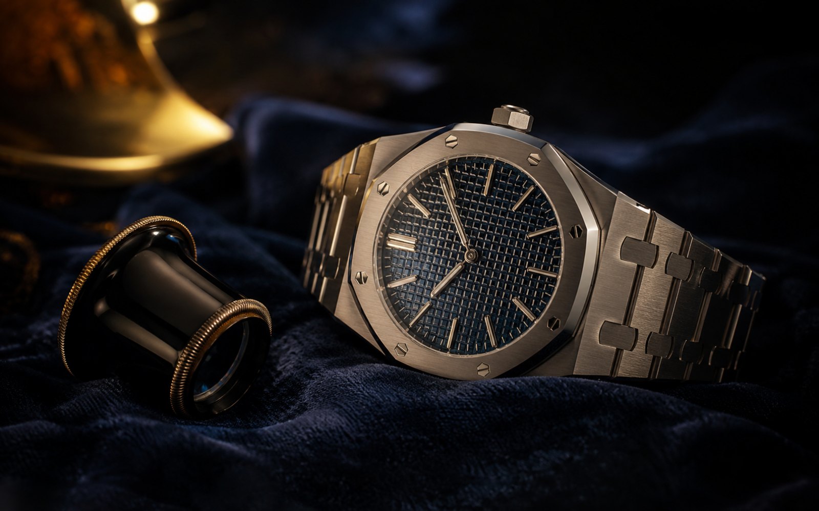 Audemars Piguet Royal Oak mit achteckiger Lünette und Tapisserie-Zifferblatt auf Samt mit Lupe