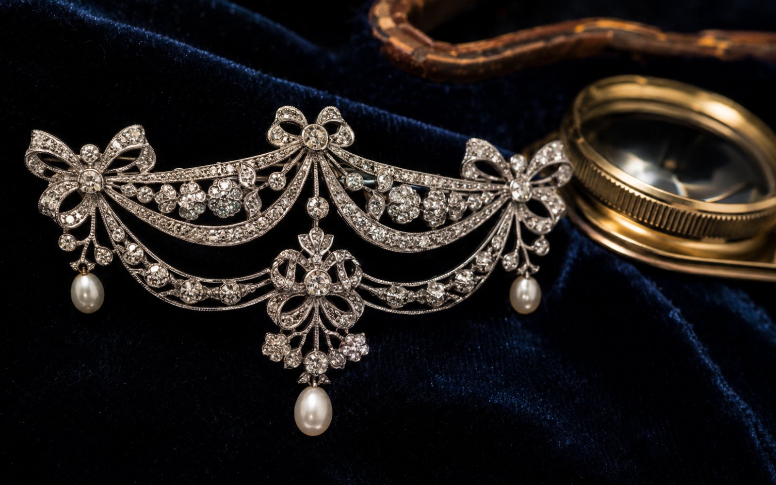 Belle-&Eacute;poque-Brosche in Platin mit Diamanten und Naturperlen im Girlandenstil