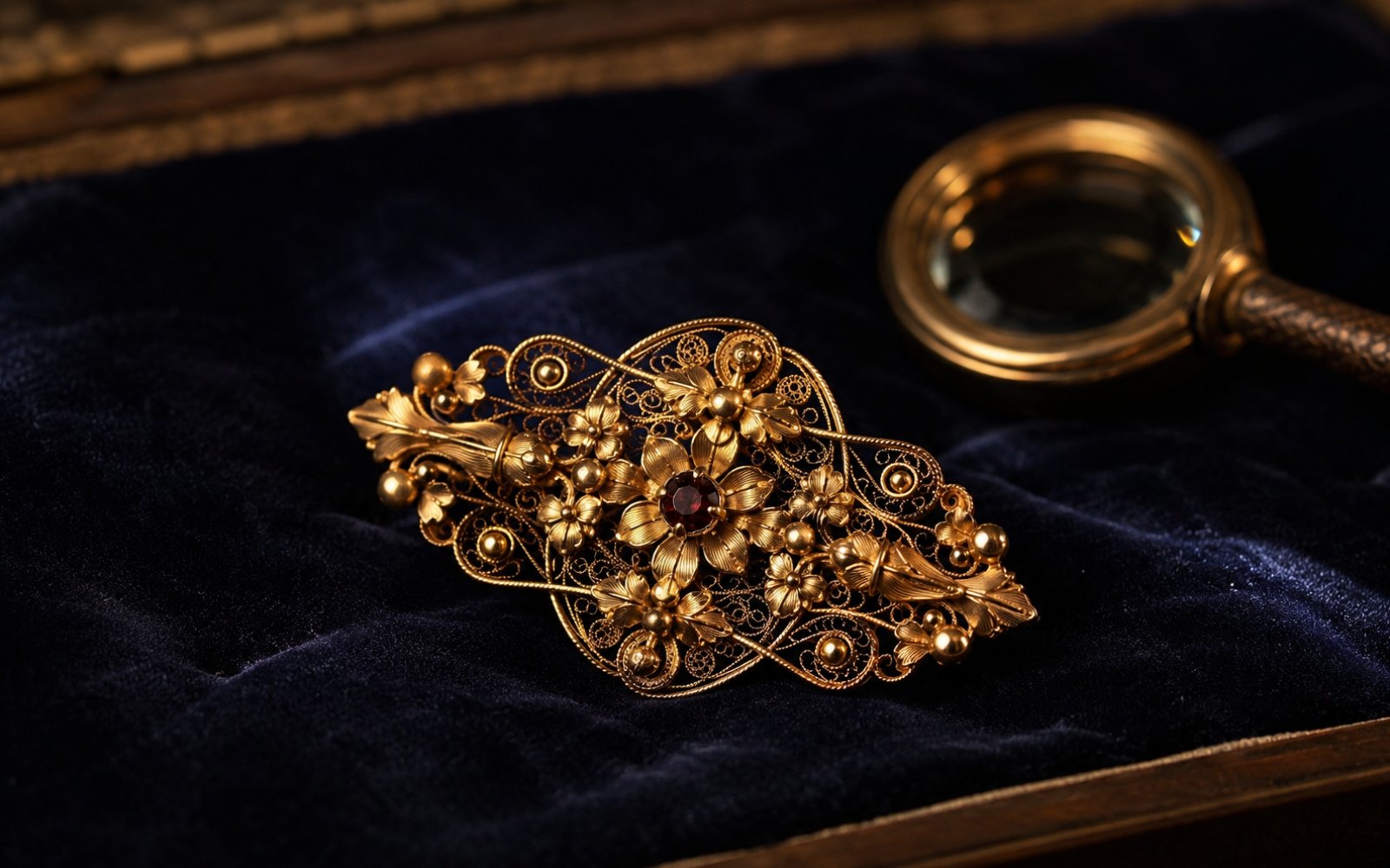 Biedermeier-Brosche aus filigranem Gold mit Bl&uuml;tenmotiv auf blauem Samt