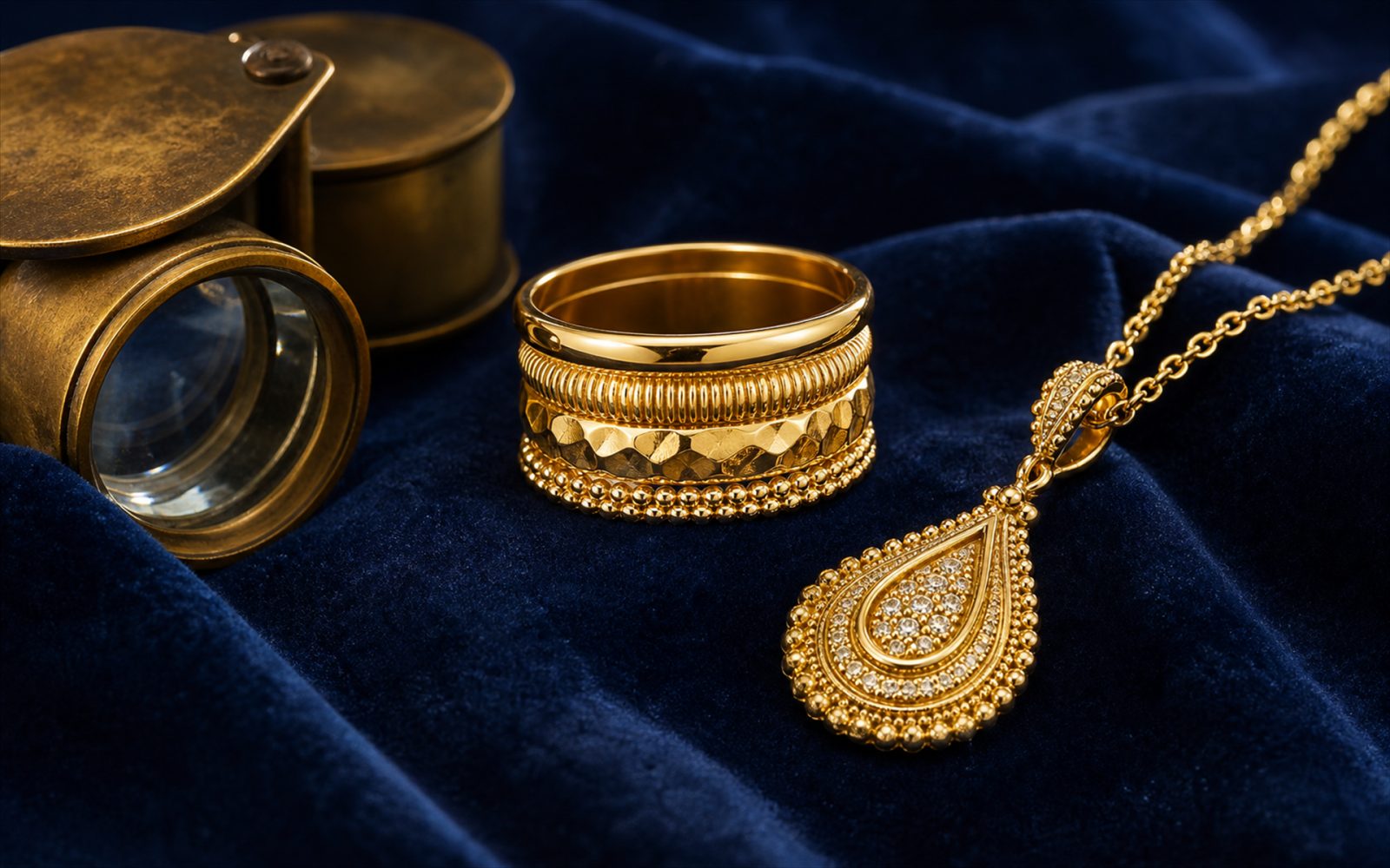 Boucheron Quatre-Ring und Serpent-Boh&egrave;me-Anh&auml;nger in Gold auf blauem Samt mit Lupe