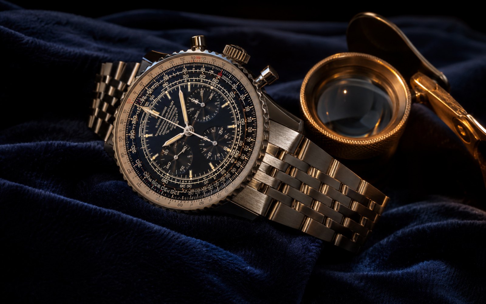 Breitling Navitimer Chronograph mit Rechenschieber-L&uuml;nette auf blauem Samt mit Lupe
