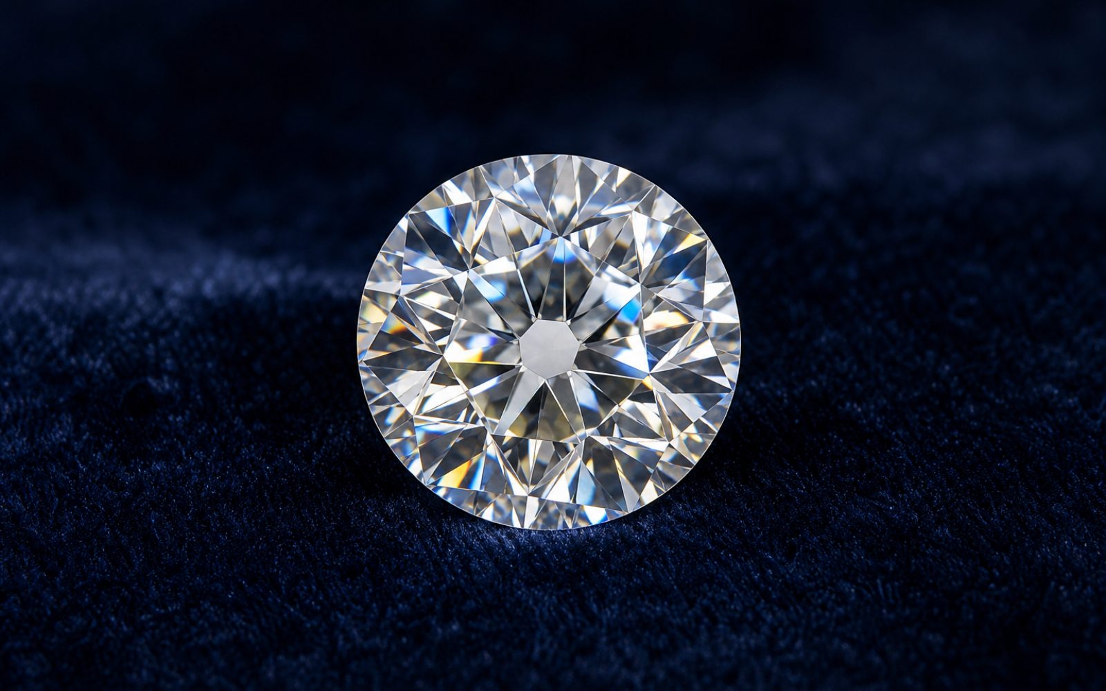 Loser Diamant im Brillantschliff mit 57 Facetten auf dunkelblauem Samt