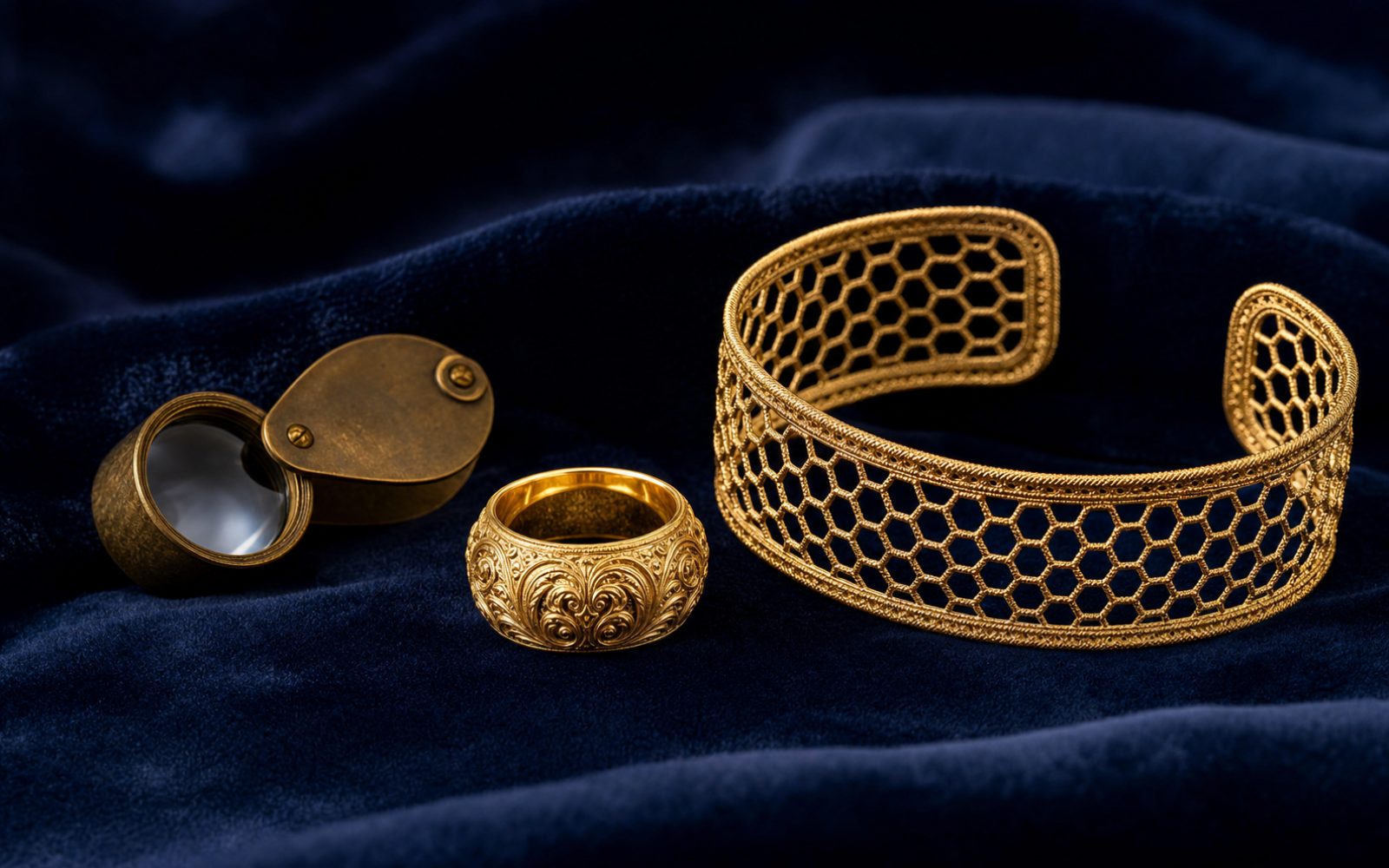 Buccellati handgravierter Goldring und Tulle-Armband in Gold auf blauem Samt mit Lupe