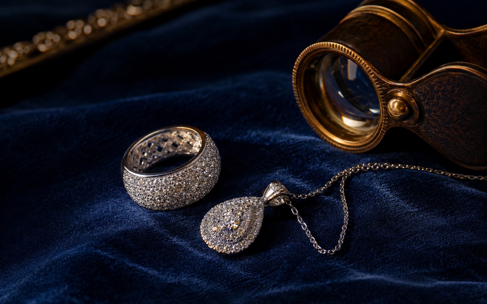 Bucherer Pavé-Diamantring und Tropfen-Anhänger in Weißgold auf blauem Samt mit Lupe