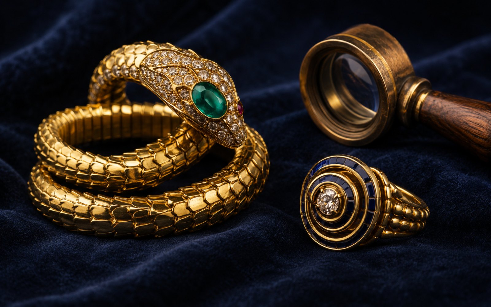 Bulgari Serpenti Schlangenarmband und Ring mit Edelstein auf blauem Samt mit Lupe
