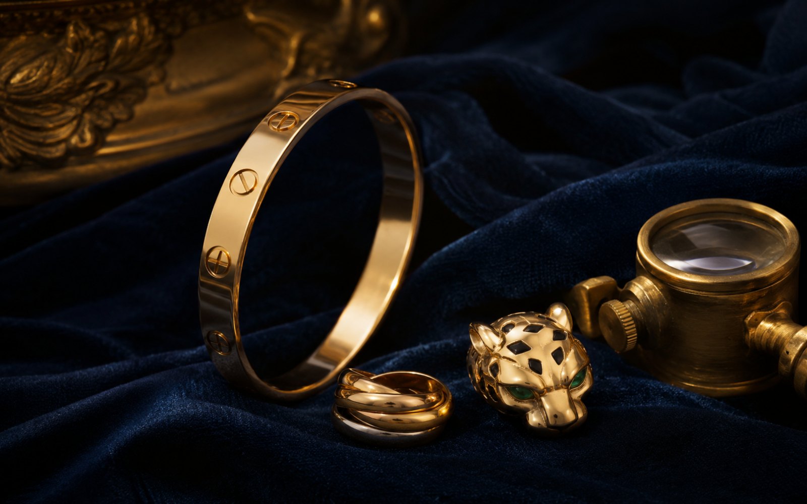 Cartier-Schmuck, Love-Armreif, Trinity-Ring und Panther-Motiv in Gold auf blauem Samt mit Lupe