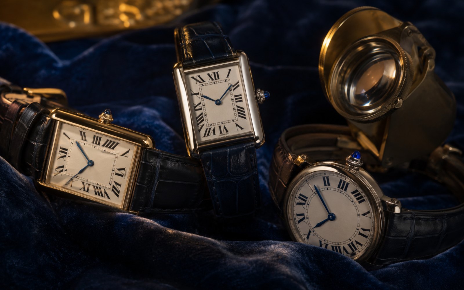 Cartier Tank-Uhren mit römischem Zifferblatt und blauen Zeigern auf blauem Samt mit Lupe