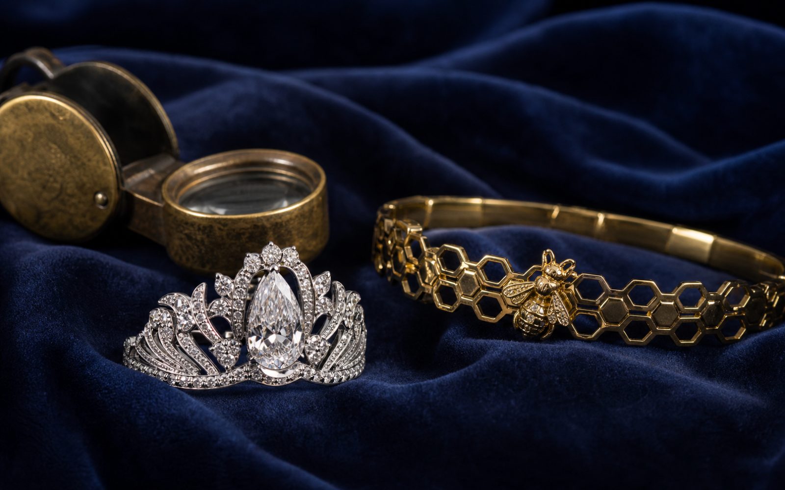 Chaumet Joséphine-Ring mit Tropfendiamant und Bee-My-Love-Armreif in Gold auf blauem Samt mit Lupe