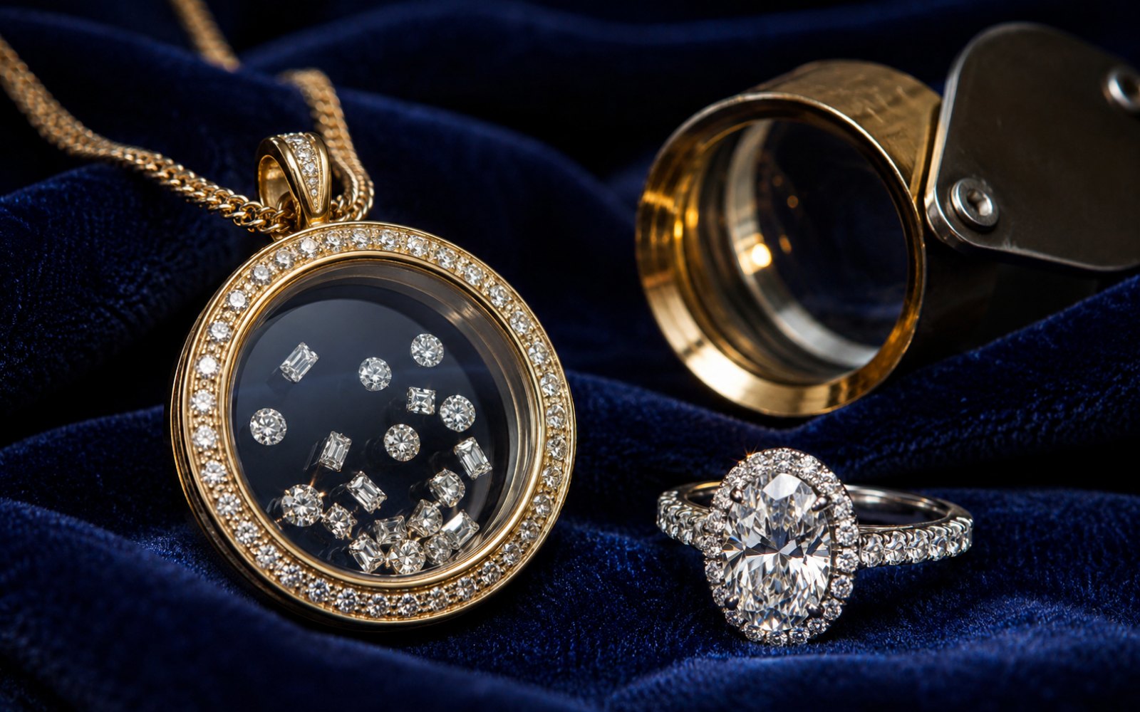 Chopard Happy-Diamonds-Anh&auml;nger mit frei beweglichen Diamanten auf blauem Samt mit Lupe
