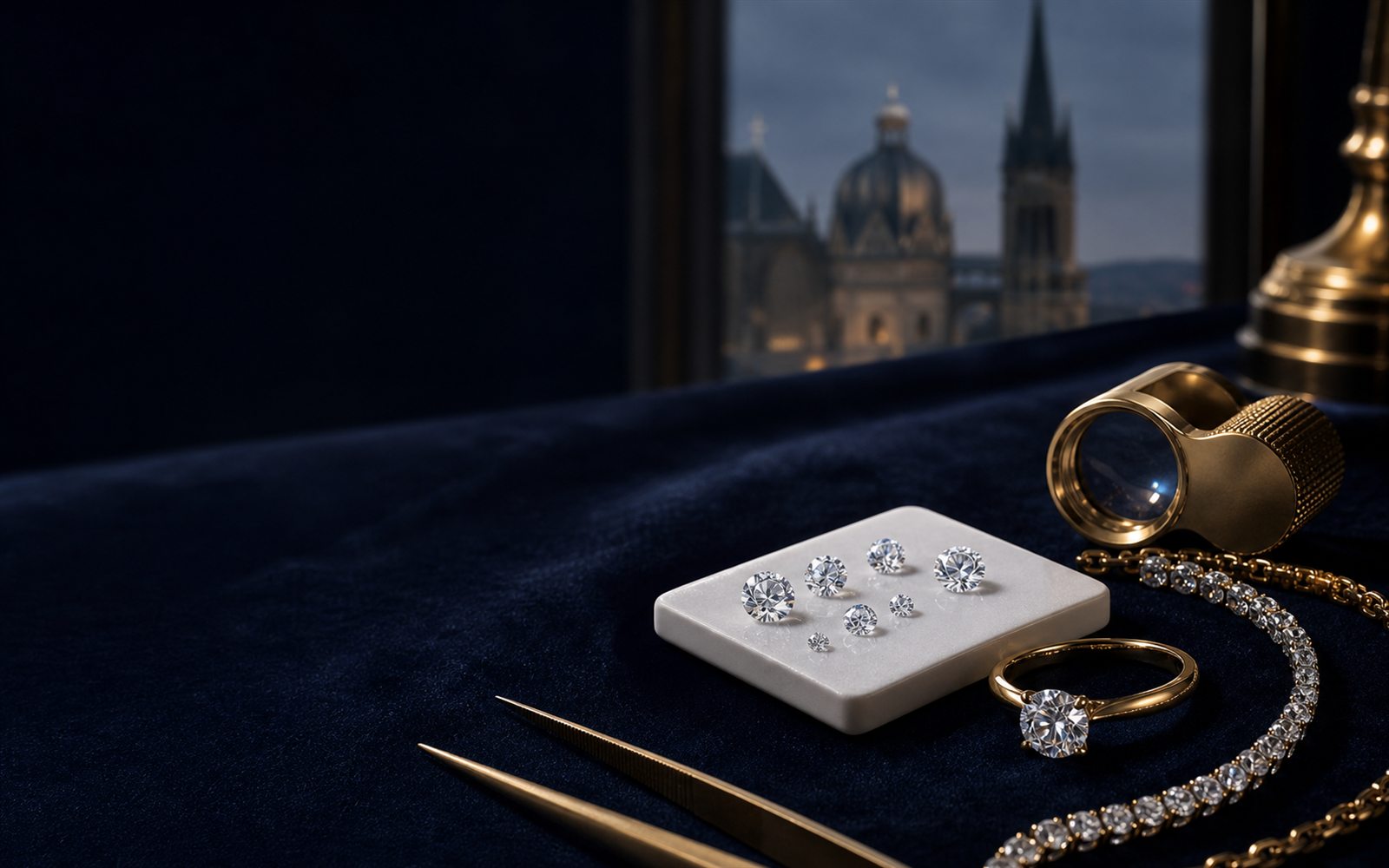 Lose Brillanten auf einem Steinpapier, ein Solit&auml;rring und ein Diamantarmband auf dunklem Samt, daneben Lupe und Pinzette, im Hintergrund die Silhouette des Aachener Doms &ndash; Diamant verkaufen Aachen