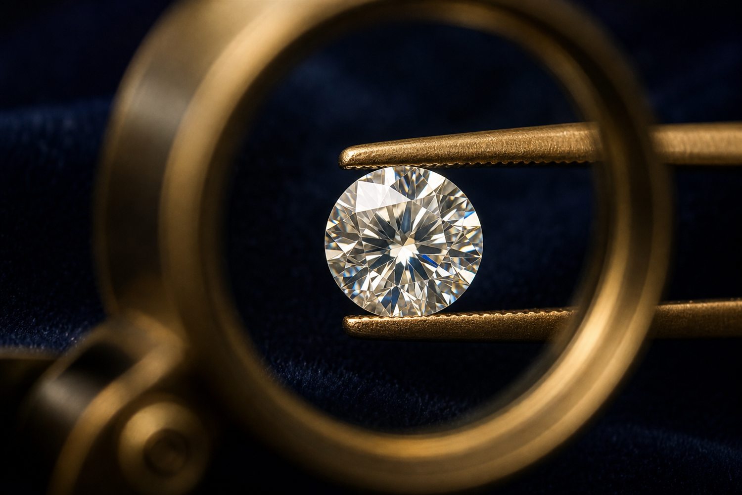 Loser Brillant in einer Pinzette unter der Lupe betrachtet auf dunklem Samt &ndash; Diamant-Bewertung nach den 4 C in Aachen