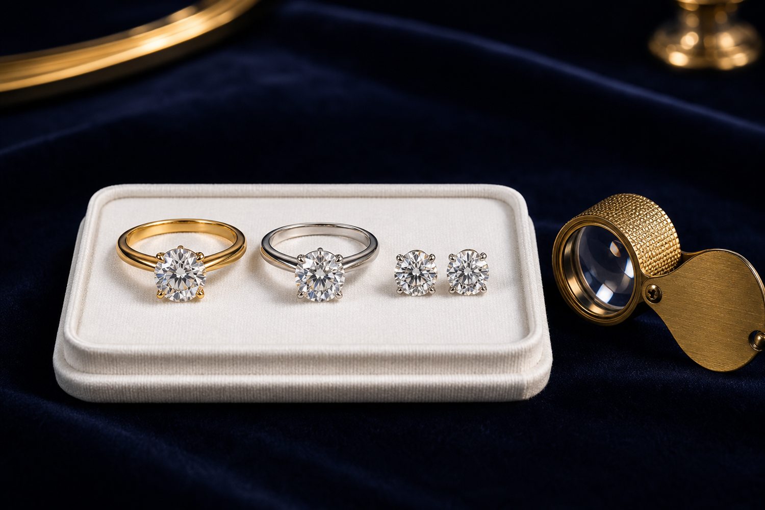 Zwei Diamant-Solit&auml;rringe und Diamant-Ohrstecker auf einem hellen Steintablett auf dunklem Samt &ndash; Diamantschmuck-Ankauf Aachen