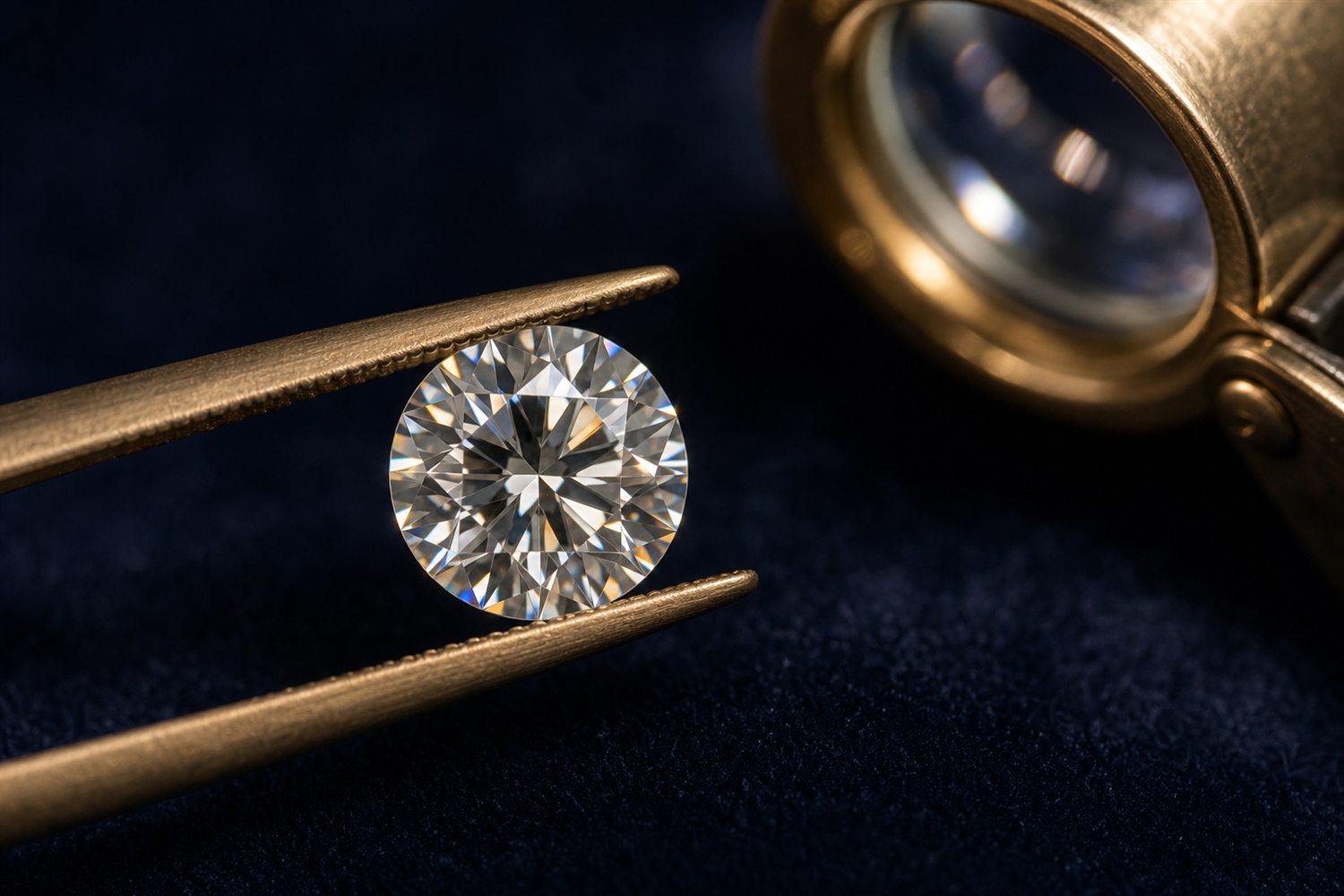 Loser Brillant in einer Pinzette unter der Lupe betrachtet auf dunklem Samt &ndash; Diamant-Bewertung nach den 4 C in Bergisch Gladbach