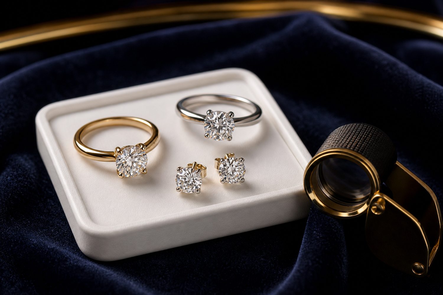 Zwei Diamant-Solit&auml;rringe und Diamant-Ohrstecker auf einem hellen Steintablett auf dunklem Samt &ndash; Diamantschmuck-Ankauf Bergisch Gladbach