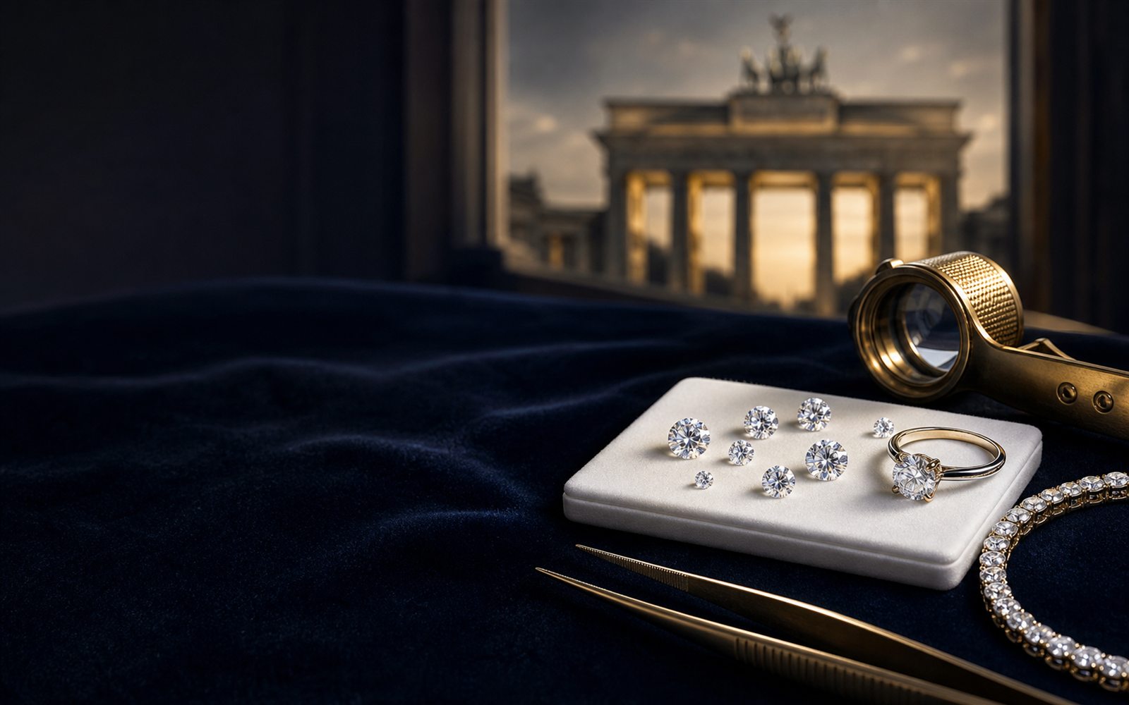 Lose Brillanten auf einem Steinpapier, ein Solit&auml;rring und ein Diamantarmband auf dunklem Samt, daneben Lupe und Pinzette, im Hintergrund eine Berliner City-West-Silhouette &ndash; Diamant verkaufen Berlin
