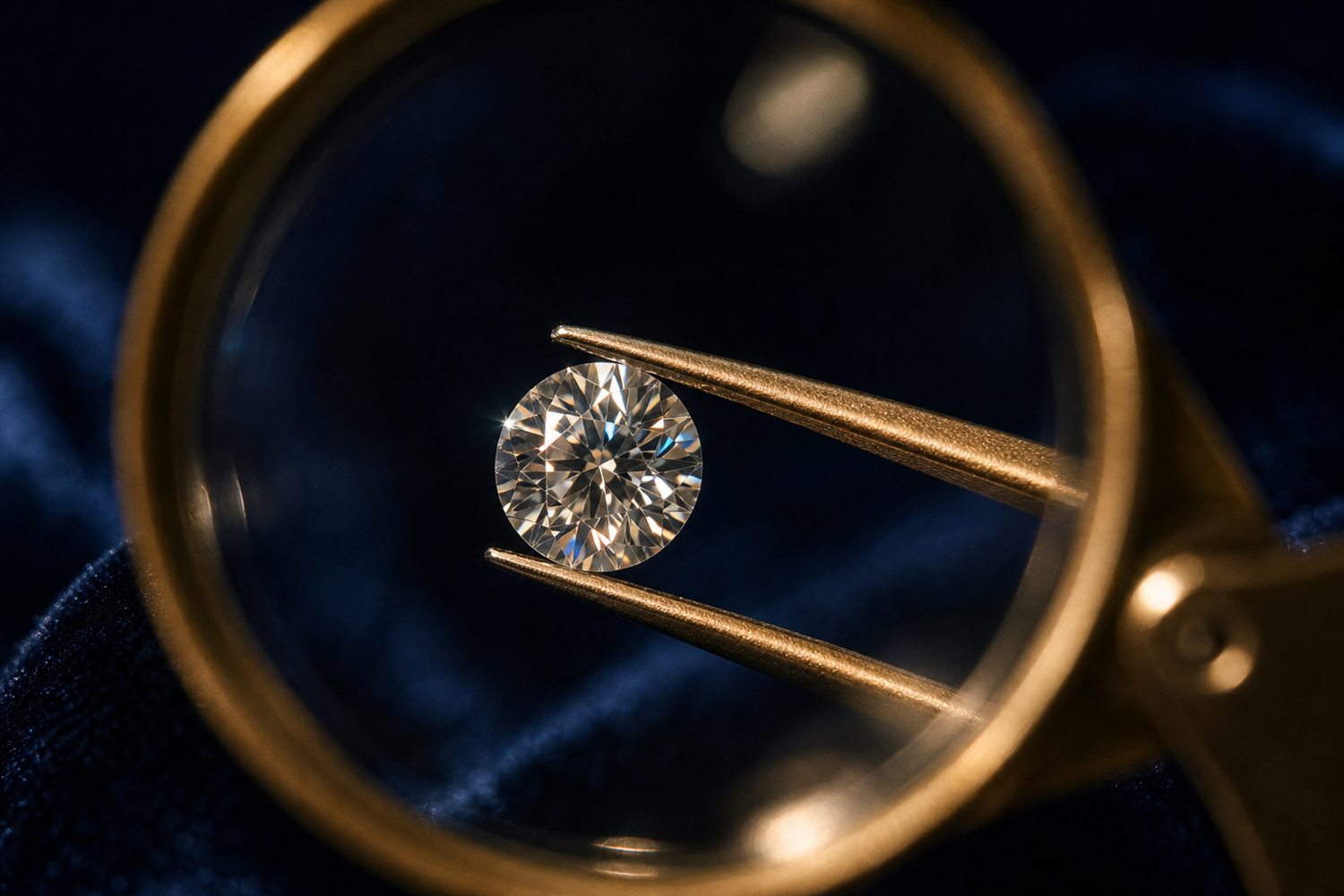 Loser Brillant in einer Pinzette unter der Lupe betrachtet auf dunklem Samt &ndash; Diamant-Bewertung nach den 4 C in Berlin
